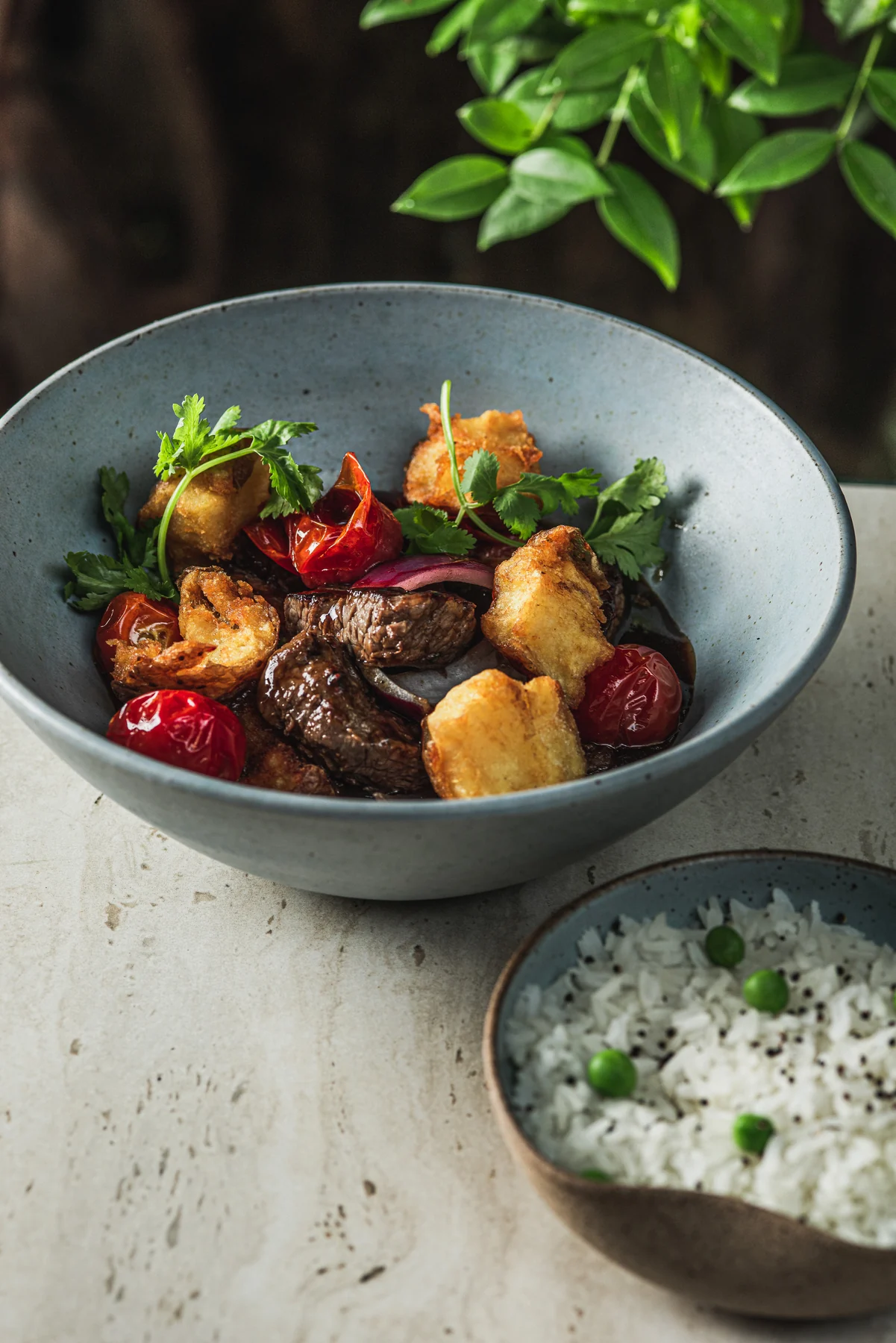 Lomo na brasa com arroz peruano